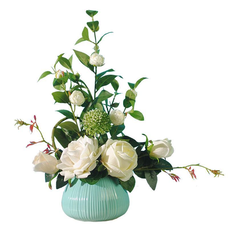 仿真花套装玫瑰花摆件搭配陶瓷花瓶绢花客厅装饰品摆放花艺-白色款