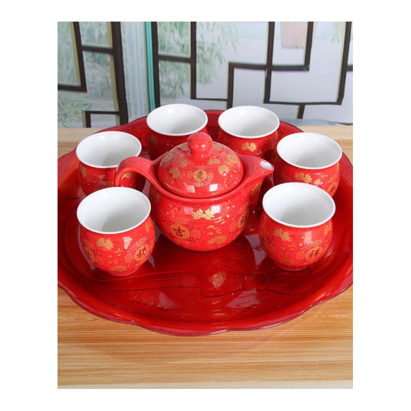 结婚茶具套装红色红双喜敬茶壶婚庆新人敬茶杯红釉陶瓷水杯水壶套装