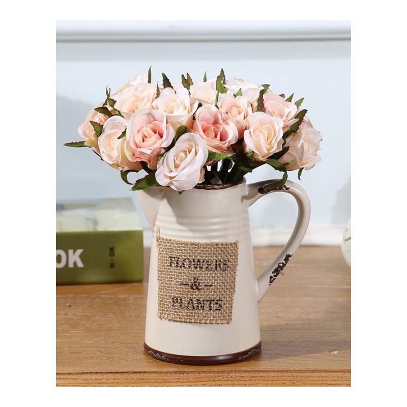 家居客厅餐桌创意陶瓷花瓶装饰品 绢花玫瑰仿真花艺套装摆件-带2束白绿玫瑰配白色花瓶