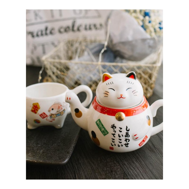 肚皮家 金运来福招财猫陶瓷茶壶杯套装 日式和风卡通花果茶具