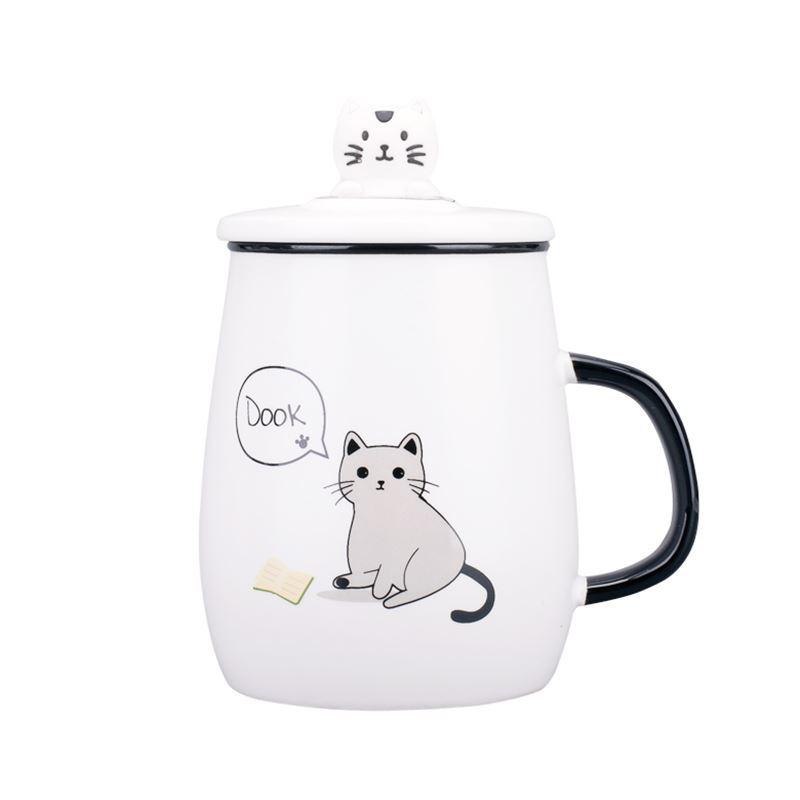 创意萌猫马克杯带盖勺办公室可爱陶瓷杯牛奶大容量卡通咖啡水杯子