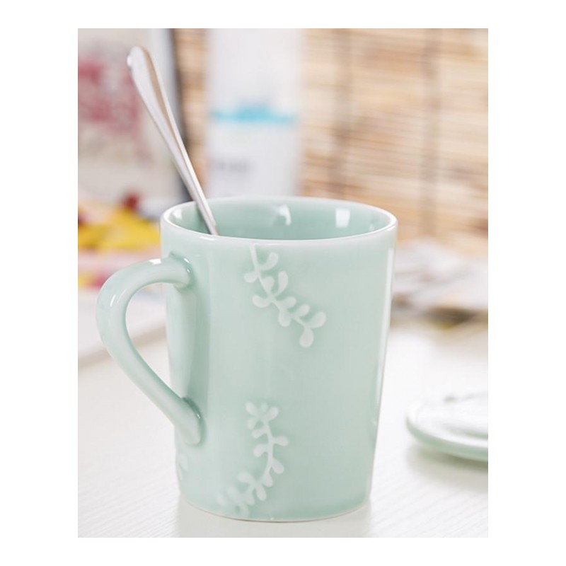 杯子 情侣杯 青瓷陶瓷杯 马克杯 咖啡杯 水杯带盖子勺子 办公杯 茶杯