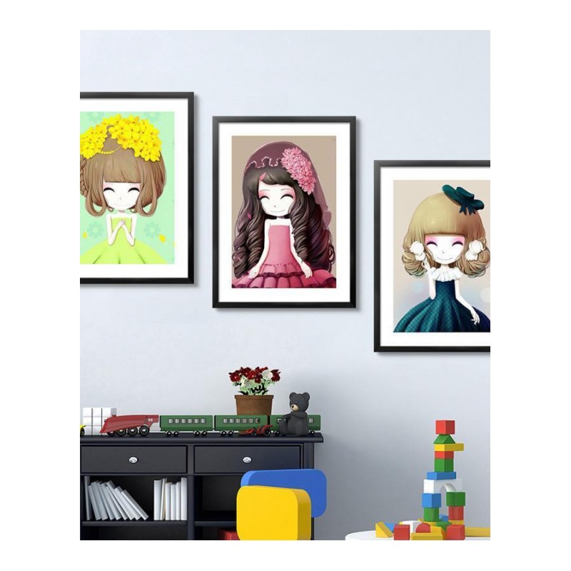 卧室客厅挂画女孩装饰画可爱卡通墙画-框尺寸48x63cm-黑色框-Z01-15