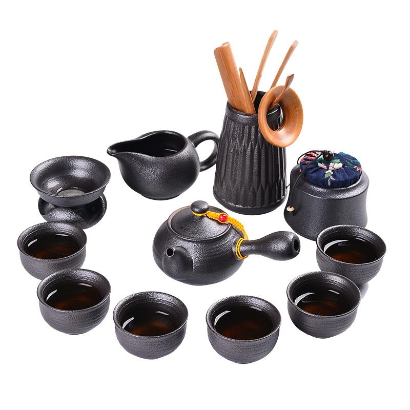 日式黑陶功夫茶具套装粗陶茶壶茶海茶杯茶漏茶洗整套陶瓷茶具家用