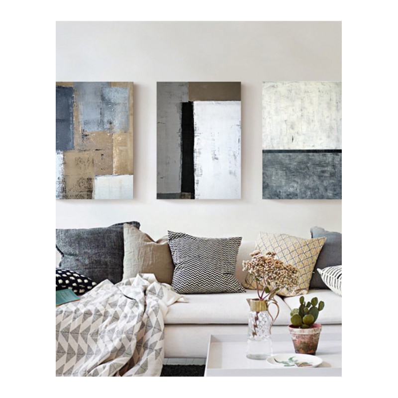 现代简约客厅装饰画抽象油画沙背景墙三联画 动感线条时尚壁画