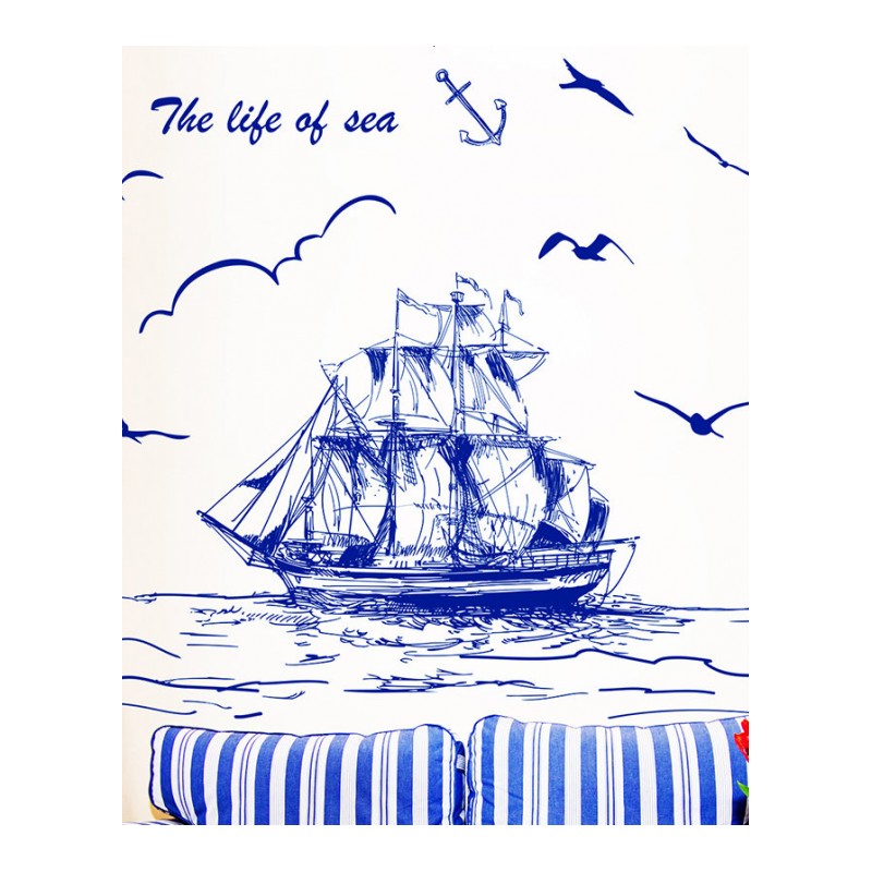 电视背景自粘墙贴纸欧式地中海风海上人生帆船创意蓝色可移除贴画