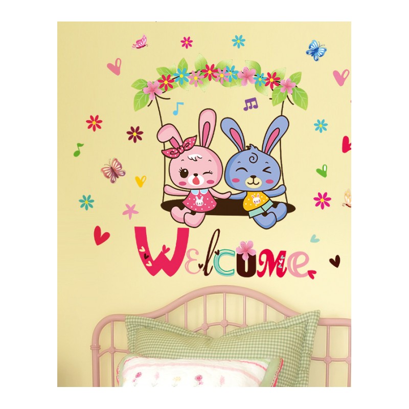 客厅沙背景墙卧室墙贴画床头温馨唯美可爱卡通情侣兔子浪漫贴纸