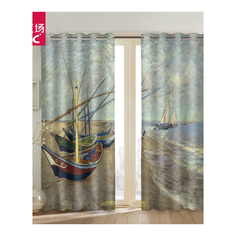 布艺窗帘梵高帆船油画系列定制北欧遮光卧室客厅落地窗帘