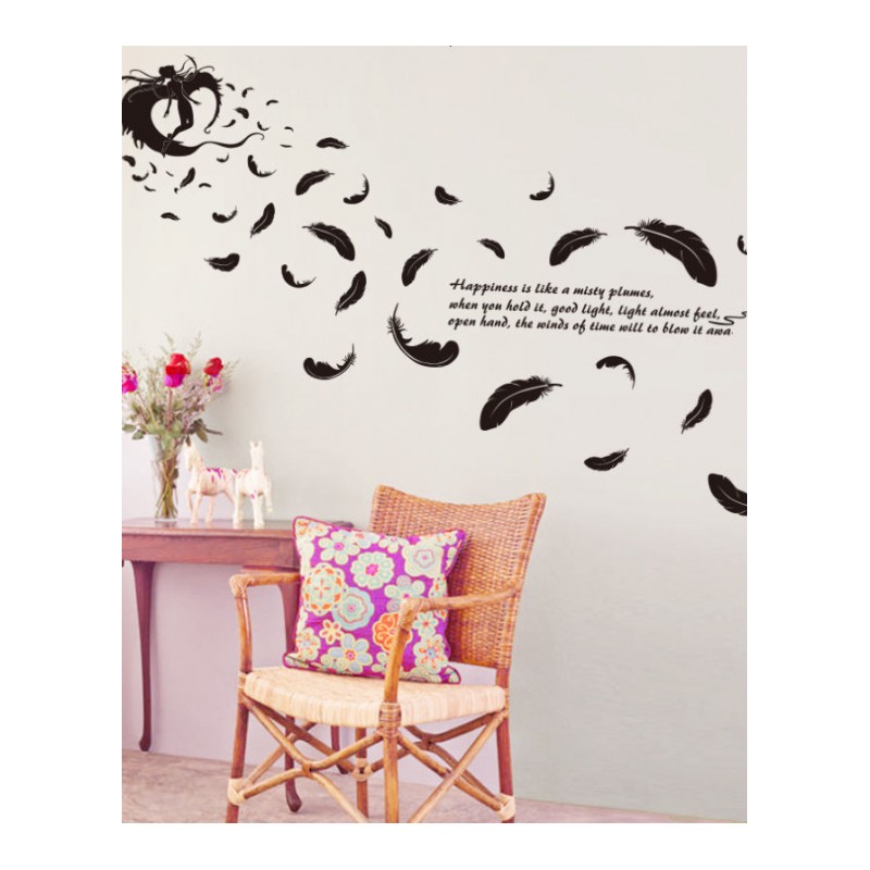 黑色羽毛天使墙贴画卧室创意非主流墙上贴纸房间柜贴墙壁装饰品