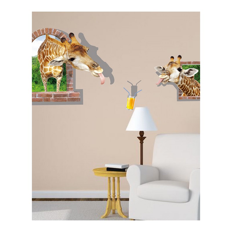 立体效果墙贴画贴纸防水沙背景墙壁个性装饰品创意动物长颈鹿