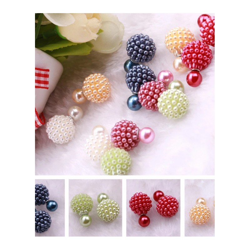 新款韩版时尚耳环欧美两面戴杨梅球大小珍珠耳钉耳饰YWKT8286送女朋友七夕情人节礼物