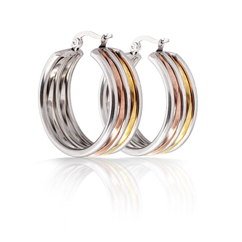 耳钉女款新款 玫瑰金钛钢三环色耳环学生情侣耳饰S2D620送女朋友七夕情人节礼物