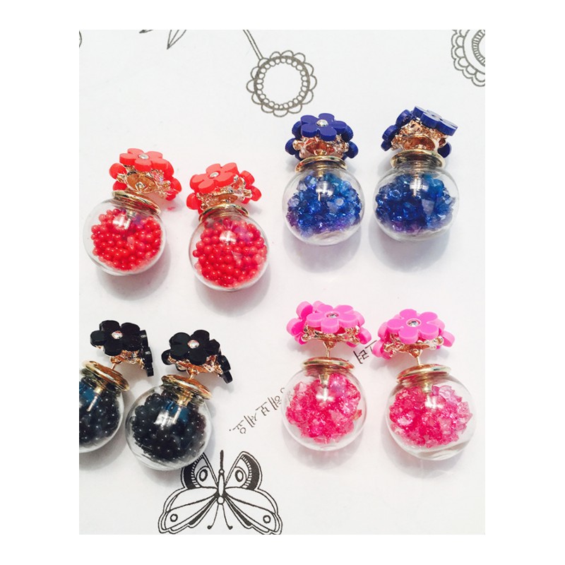 新款小雏菊花朵珍珠水钻耳钉女气质双面后挂式耳饰YWKT8106送女朋友七夕情人节礼物