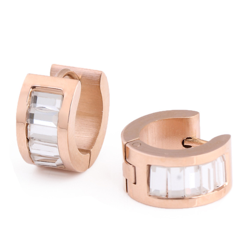 耳钉女款新款 欧美时尚钛钢三色镶锆石耳环不锈钢个性耳扣耳饰S2D256送女朋友七夕情人节礼物