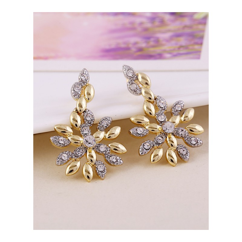 新款麦穗双色樱桃耳环镶钻叶子耳钉耳饰真金保色YWMP0223送女朋友七夕情人节礼物