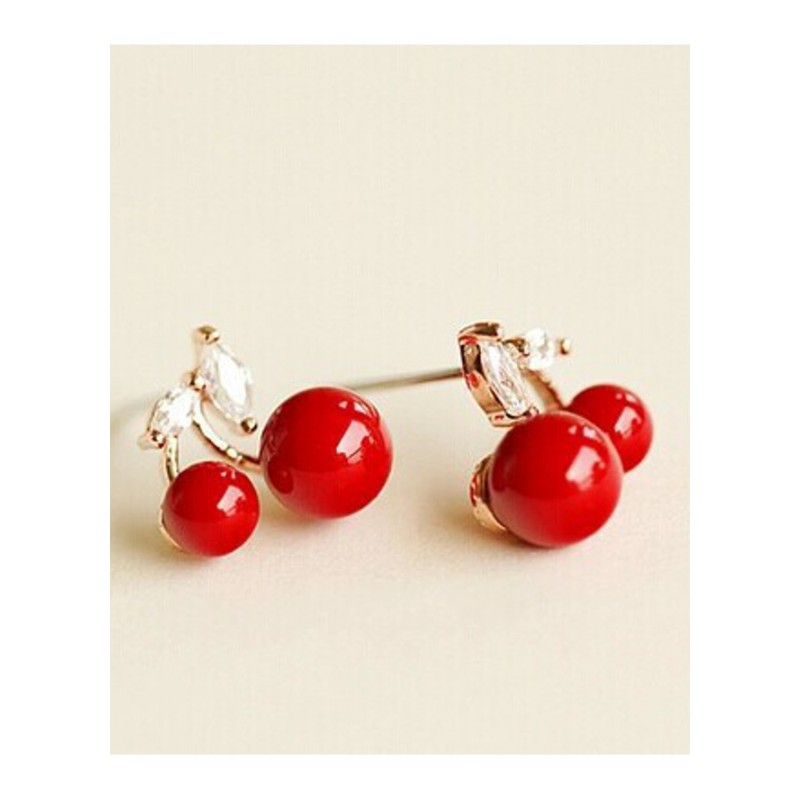 新款韩版饰品防红色樱桃珍珠无耳洞u型女耳环皓石耳钉YWMP0788送女朋友七夕情人节礼物