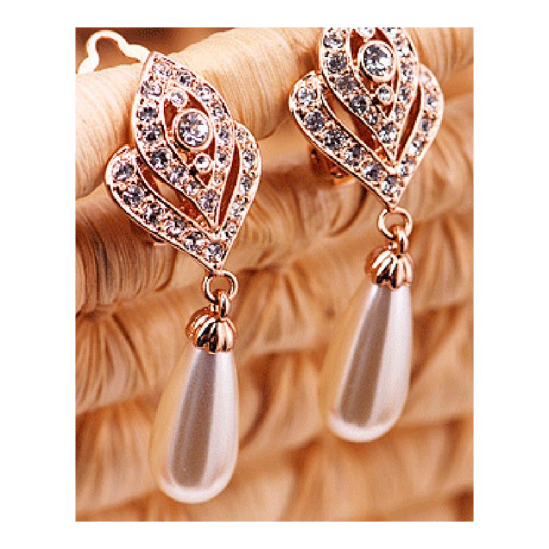 韩版饰品镶钻镂空树叶爱心水滴珍珠耳钉水钻耳环耳饰女YWQW8743送女朋友七夕情人节礼物