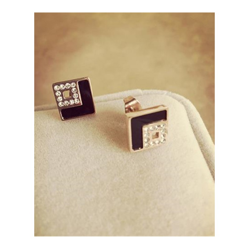 方形几何黑色镶水钻钛钢耳钉 镀玫瑰金色饰品送女朋友七夕情人节礼物