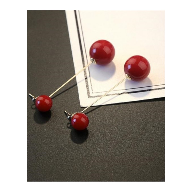 韩版仿珍珠红色耳钉女长款气质百搭时尚耳饰耳环送女朋友七夕情人节礼物