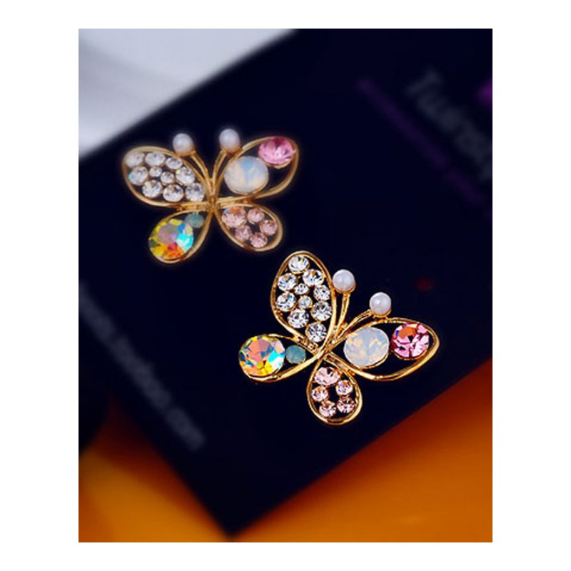 韩版饰品珍珠蝴蝶镂空彩钻耳钉耳环女YWQW7806送女朋友七夕情人节礼物