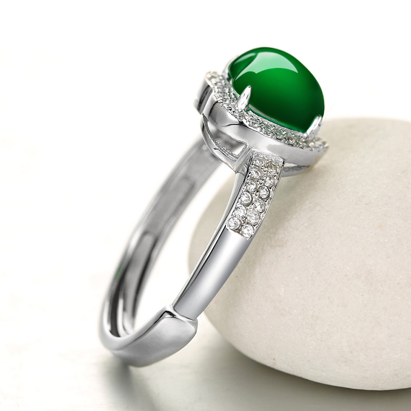 S925镶嵌指环绿玉髓爱心造型开口戒指女款玉石首饰品送女朋友七夕情人节礼物