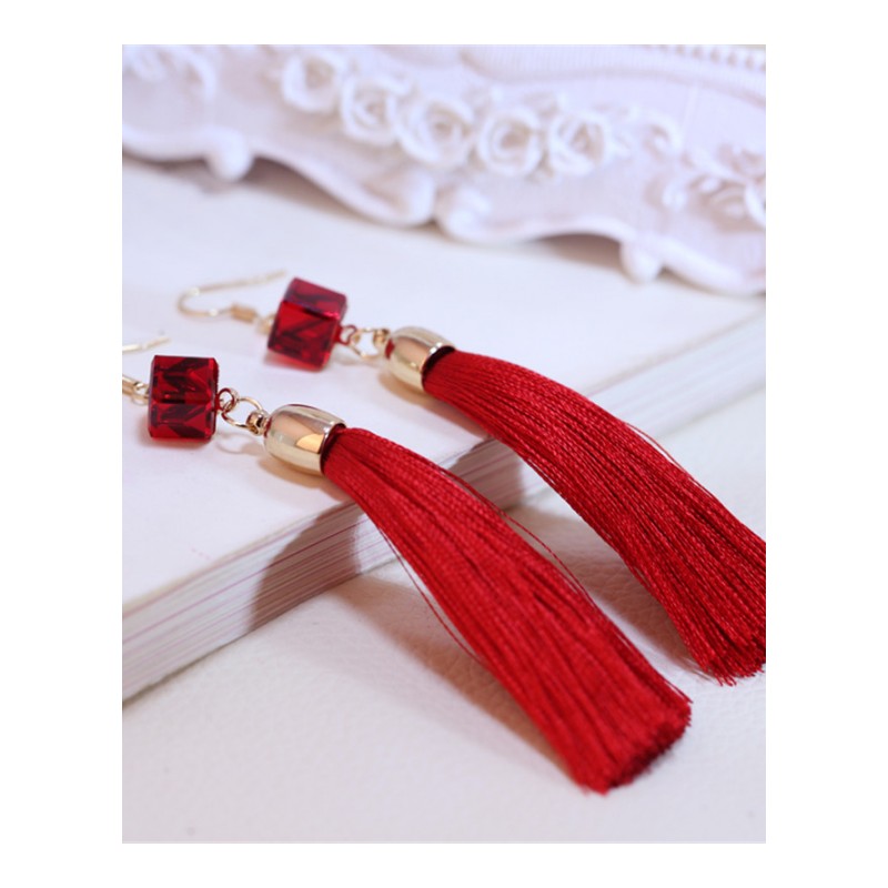 长款流苏耳环红色新娘衣服配饰耳饰无耳洞耳夹气质耳钉饰品送女朋友七夕情人节礼物