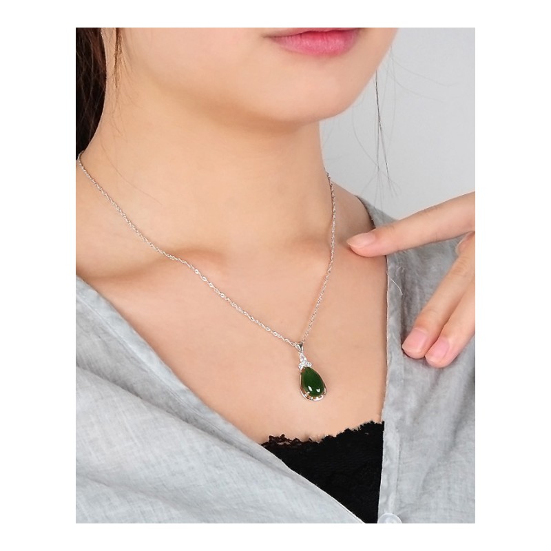 和田玉水滴坠S925镶嵌菠菜绿碧玉挂坠女款项链饰品 带证书送女朋友七夕情人节礼物
