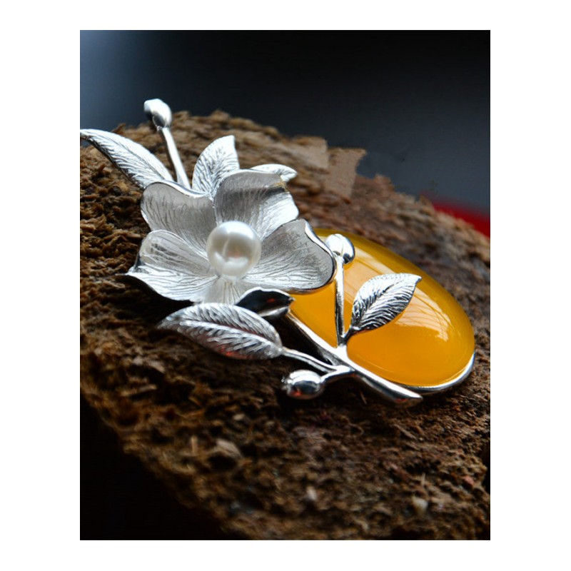 925项链黄玉髓镶嵌花朵造型坠女款挂件玉石首饰品送女朋友七夕情人节礼物