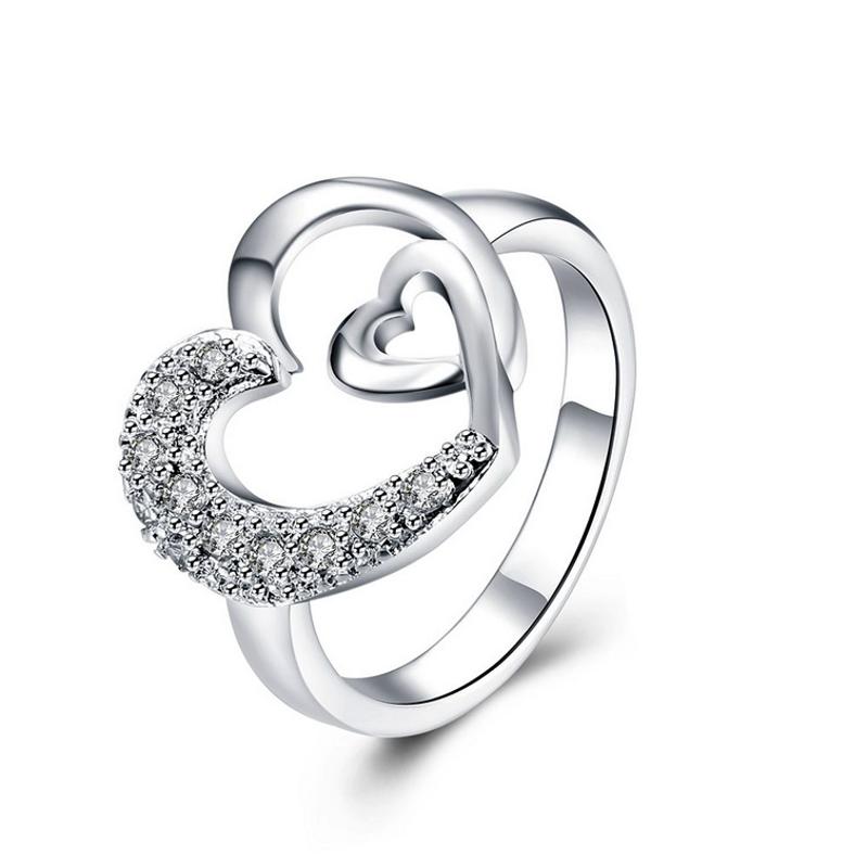 R825Women Silver Rings镀纯银心形水晶戒指日韩指环简约戒子女生送女朋友七夕情人节礼物
