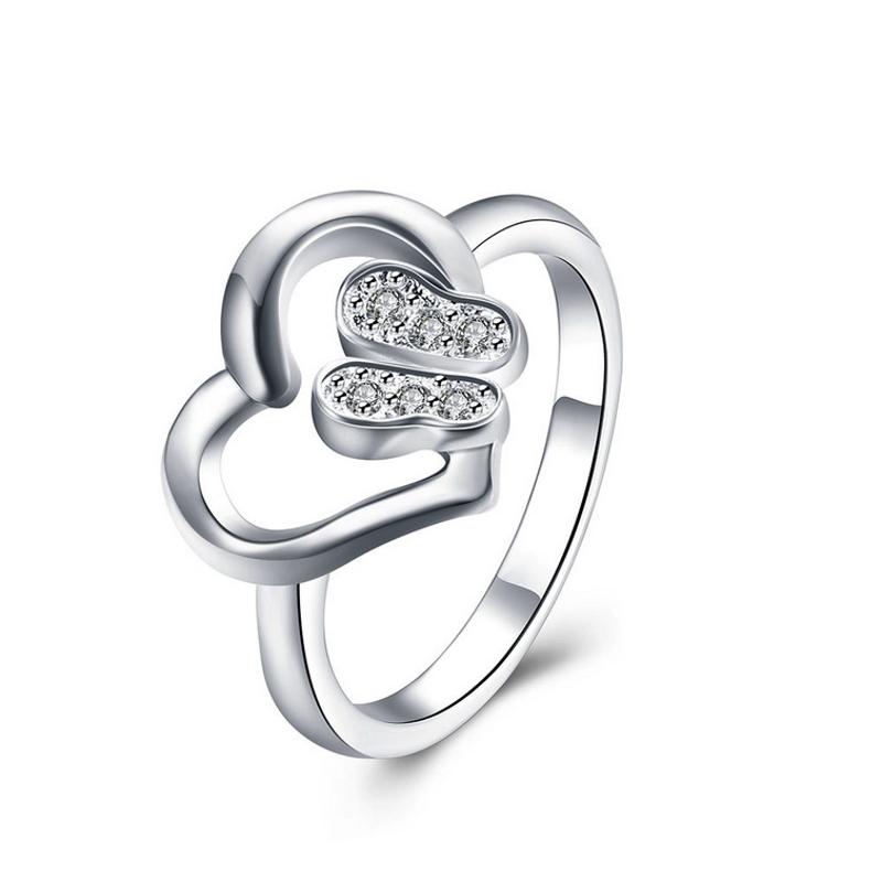 R826Women Silver Rings镀纯银心形水晶戒指日韩指环简约戒子女生送女朋友七夕情人节礼物