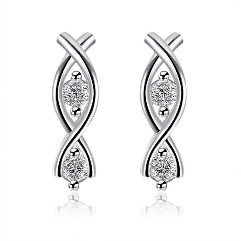 E777 Women Silver Earrings 镀925纯银精致水晶日韩女耳钉耳环送女朋友七夕情人节礼物