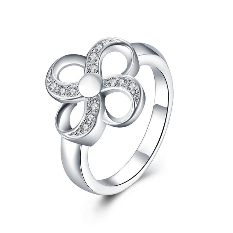 R822Women Silver Rings镀纯银四叶水晶戒指日韩指环简约戒子女送女朋友七夕情人节礼物