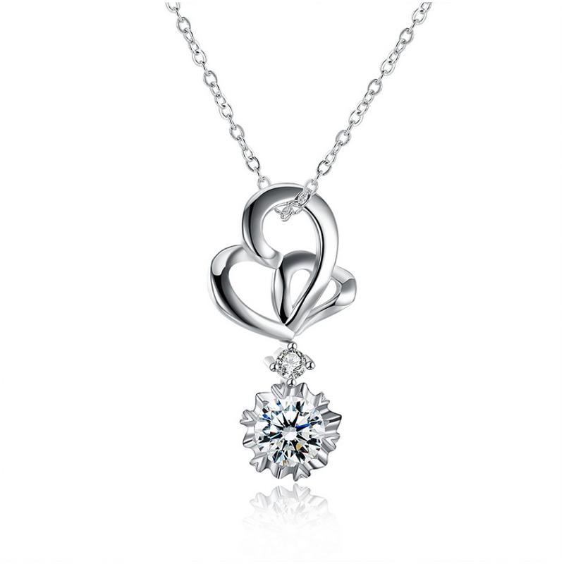 N845 Women Silver Necklace 镀纯银日韩时尚心形女水晶项链坠