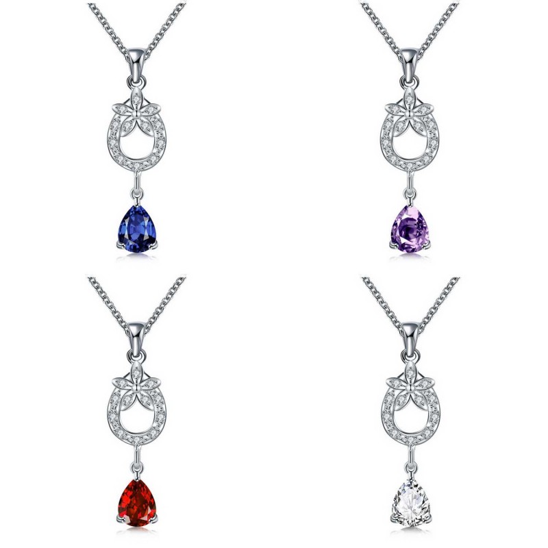N099Women Silver Necklace 日韩简约宝石坠项链女防过敏银饰品送女朋友七夕情人节礼物