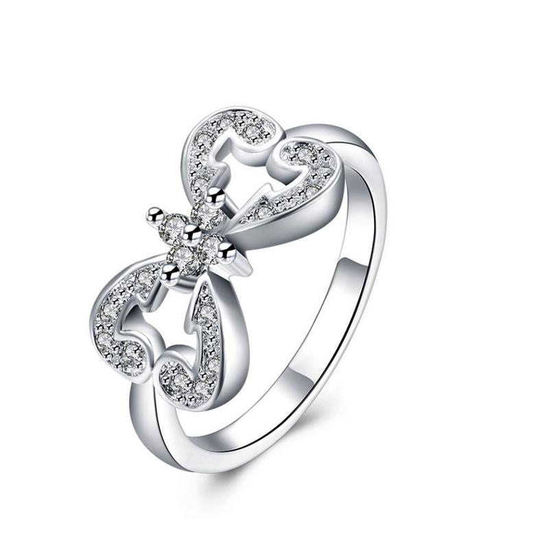 R821Women Silver Rings镀纯银心相连水晶戒指日韩指环简约戒子女送女朋友七夕情人节礼物