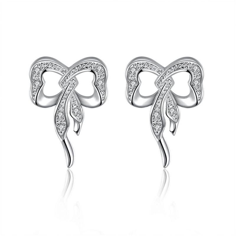 E770Women Silver Earrings镀925纯银精致蝴蝶结日韩版女耳钉耳环送女朋友七夕情人节礼物