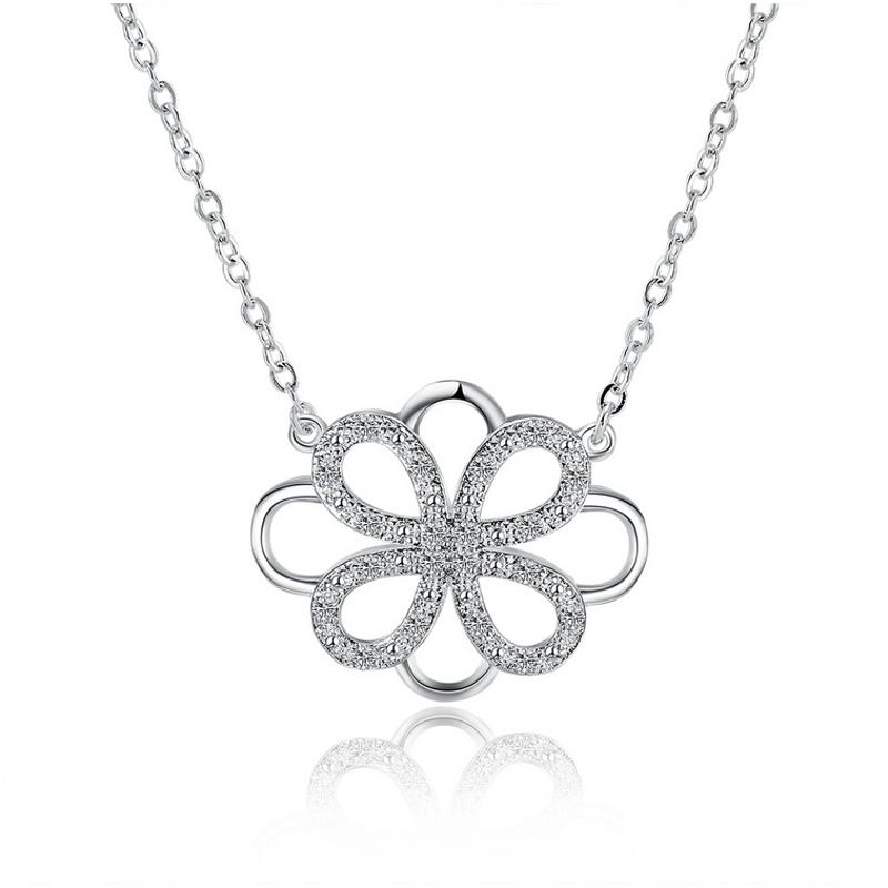 N867 Women Silver Necklace 镀纯银日韩四叶女水晶项链坠送女朋友七夕情人节礼物