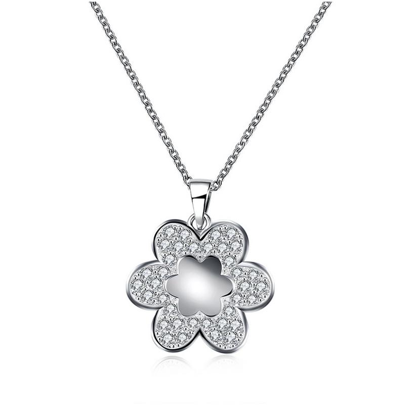 N870 Women Silver Necklace 镀纯银日韩时尚花朵女水晶项链坠送女朋友七夕情人节礼物