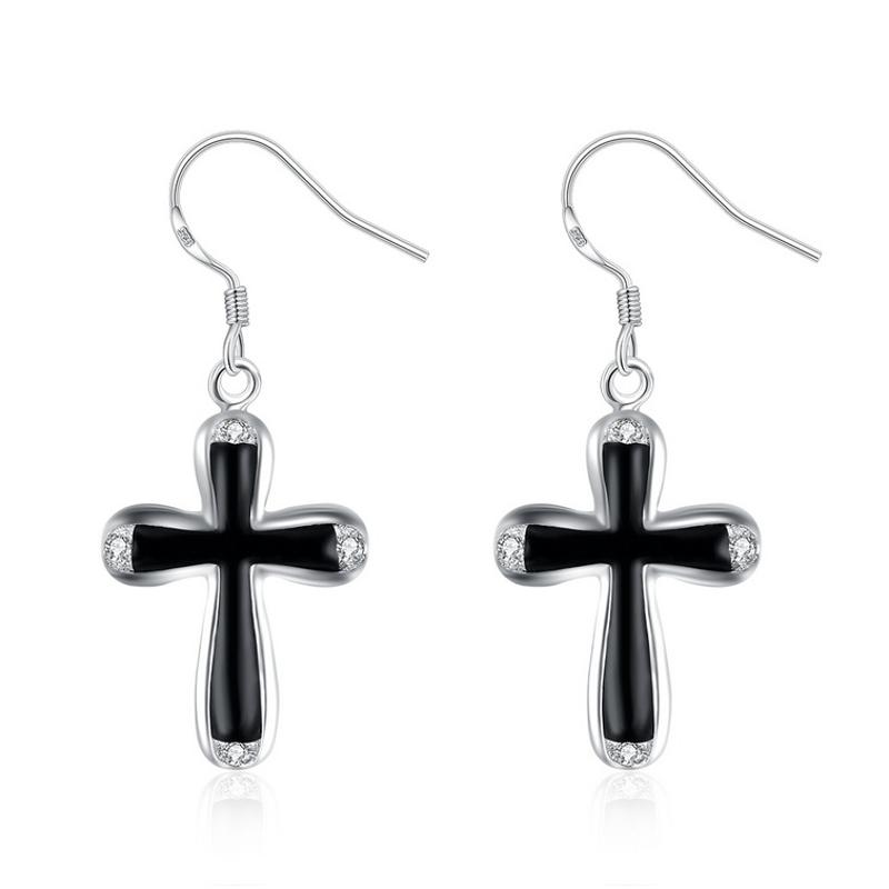 E805Women Silver Earrings 镀纯银滴油十字架精致日韩女耳饰耳环送女朋友七夕情人节礼物