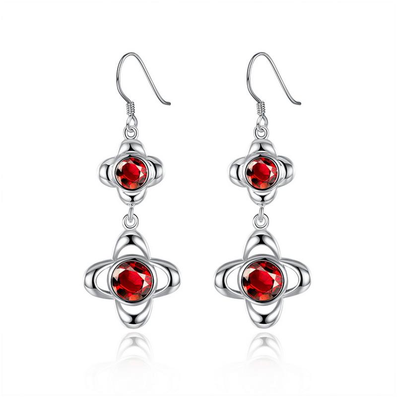 E759 Women Silver Earring镀925纯银精致耳坠日韩版女红宝石耳环送女朋友七夕情人节礼物