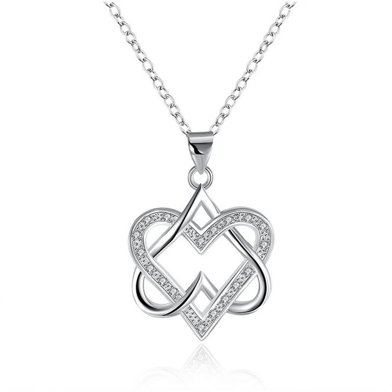 N846Women Silver Necklace 镀纯银日韩时心心相印女水晶项链坠送女朋友七夕情人节礼物