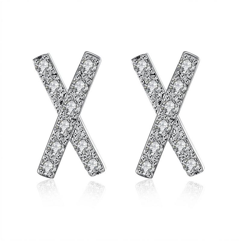E772Women Silver Earrings 镀925纯银精致X水晶日韩版女耳钉耳环送女朋友七夕情人节礼物