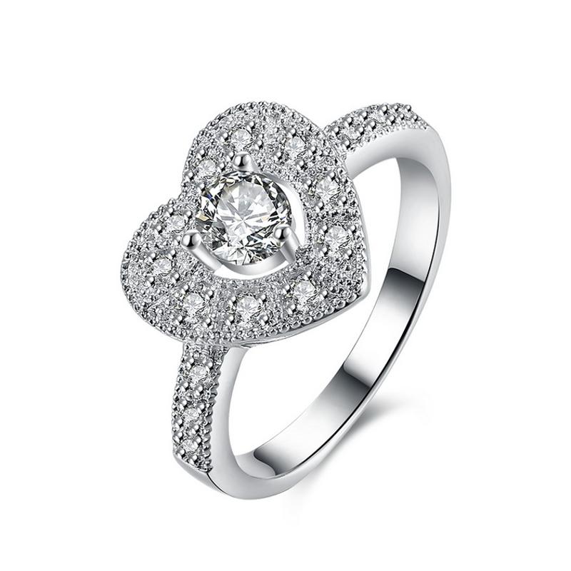 R867 Women Silver Rings 满钻爱心水晶戒指日韩指环镀银戒子女生送女朋友七夕情人节礼物