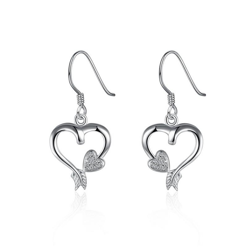 E803Women Silver Earrings 镀纯银水晶心形精致日韩版女耳饰耳环送女朋友七夕情人节礼物