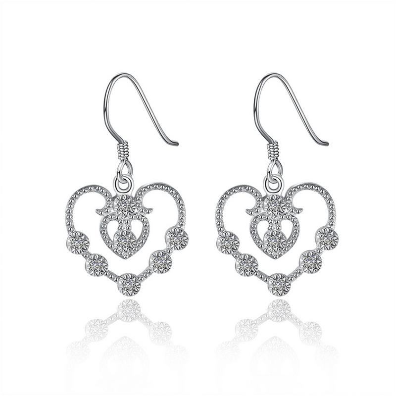 E810Women Silver Earrings 镀纯银水晶心形精致日韩版女耳饰耳环送女朋友七夕情人节礼物