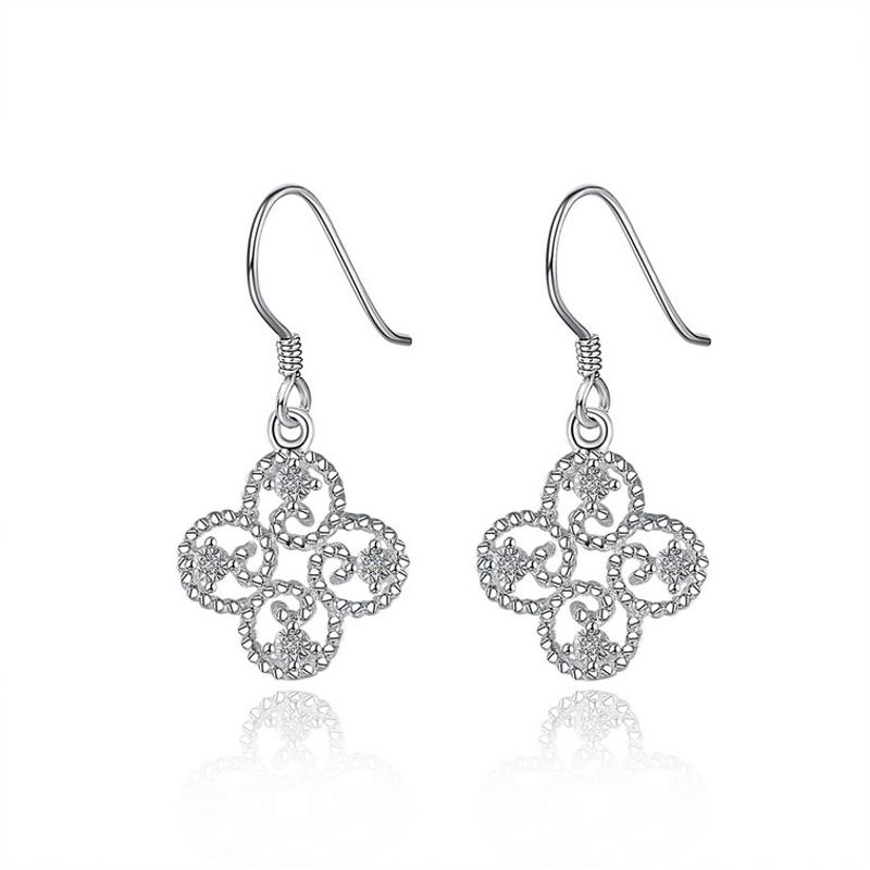 E798Women Silver Earrings 镀纯银水晶四叶精致日韩女耳饰耳环