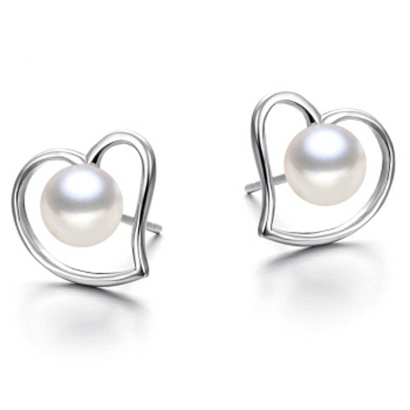 镀925银心形珍珠耳钉 银耳环一对送女朋友七夕情人节礼物