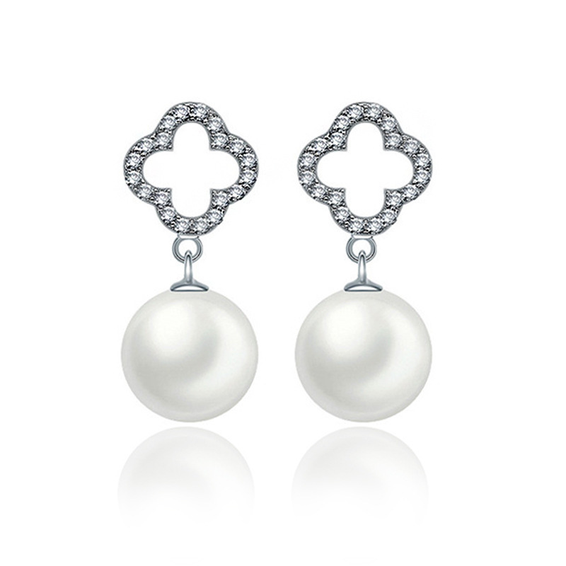 新款韩版时尚简约珍珠耳钉微镶锆石四叶女士耳环YWZH5641送女朋友七夕情人节礼物