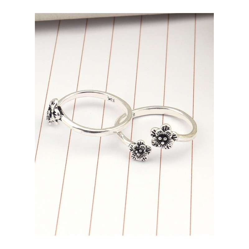 s925银泰银韩版双边双层花朵开口戒指配饰女 新款潮流银饰品尾戒女YWJY2062送女朋友七夕情人节礼物