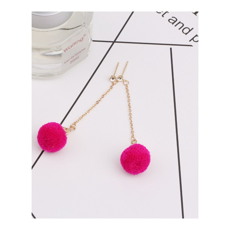 耳钉女款新款 韩版时尚饰品可爱红色圆球绒球流苏女长耳环耳坠Z10D646送女朋友七夕情人节礼物